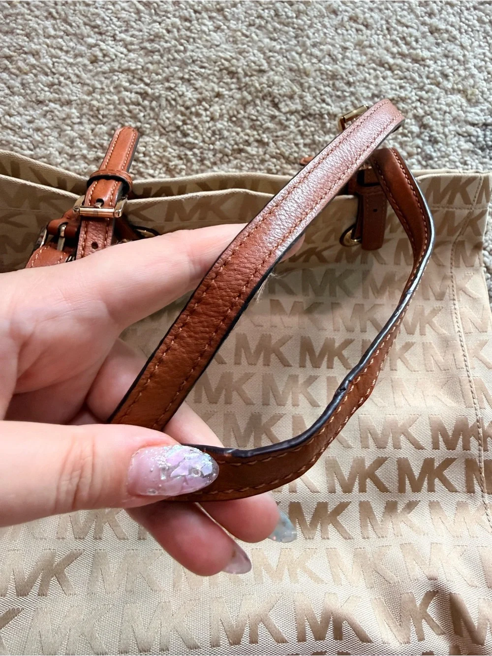 Michael Kors Beige MK Logo Canvas & Leather Tote Bag